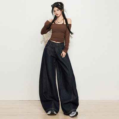 复古原色深蓝色美式宽松直筒阔腿牛仔裤女