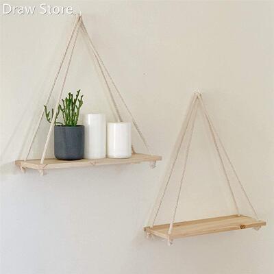 Wooden Rope Swing Wall Hanging Plant Flower Pot Tray Mounte