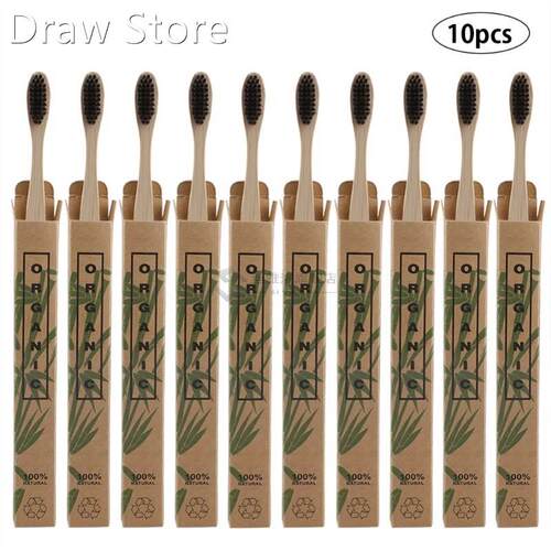10pcs/Set Natural Pure Bamboo Toothbrush Soft-bristle Charco