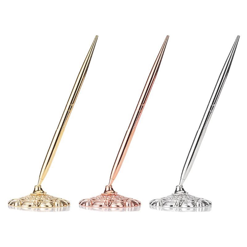 Retro Metal Ballpoint Pen Attached Base Stand Desk Office Co