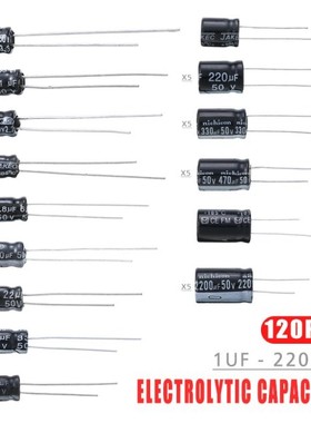 120pcs 50V 15 Values 1uF - 2200uF Aluminum Electrolytic Capa