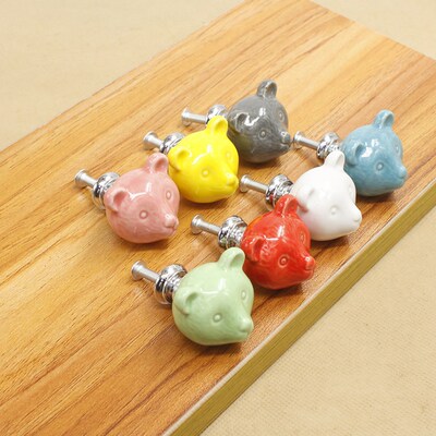 2Pcs Ceramic Bear Drawer Knobs 3D Cartoon Cabinet Cupboard h