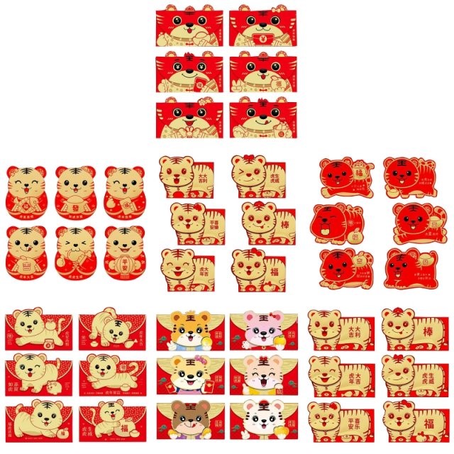 6pcs 2022 Chinese New Year Paper Red Envelopes Cartoon Tiger