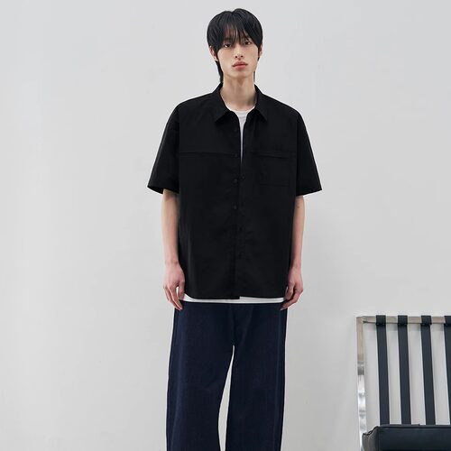 KPTH男装2026时尚设计师小众舒适简约百搭男士休闲黑色短袖衬衫
