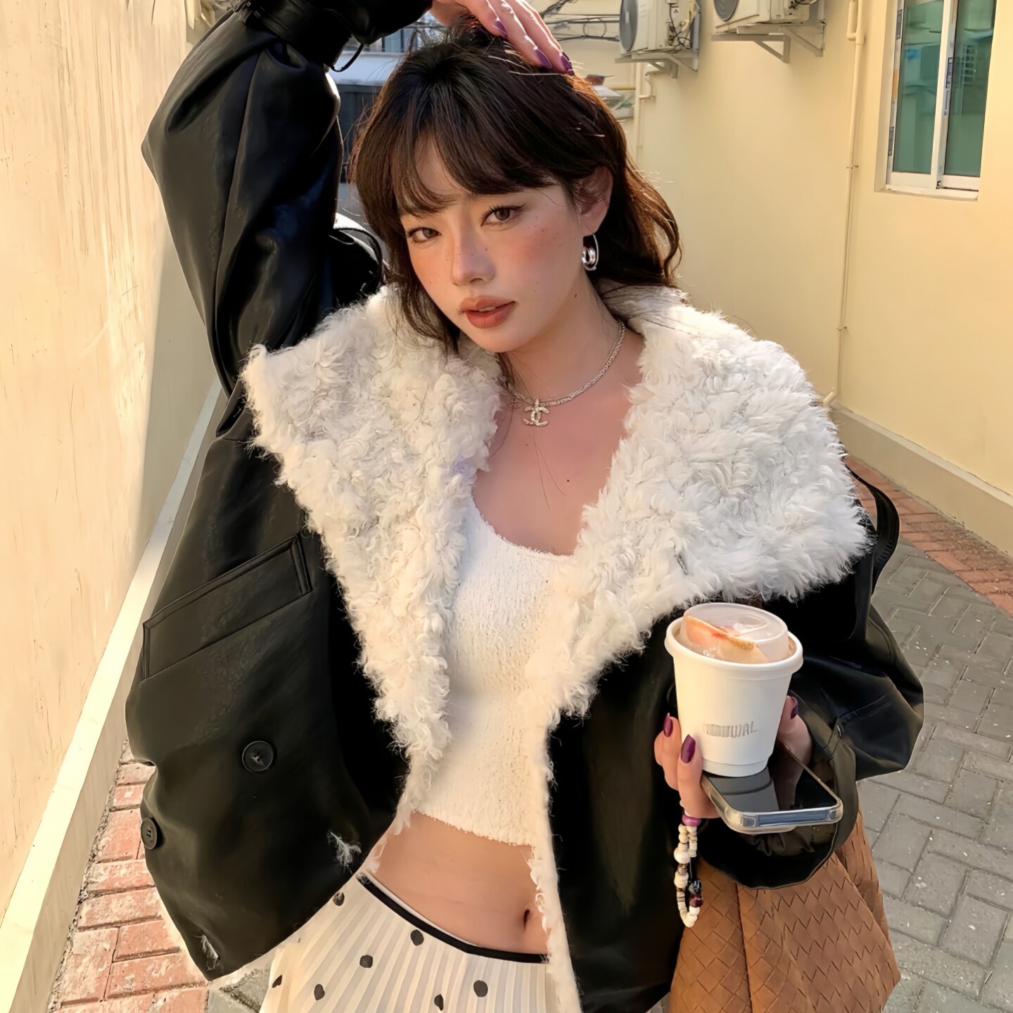 秋冬新款加绒加厚派克服女韩系宽松毛绒大翻领PU皮夹克小个子外套