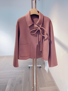 25冬新款安哥拉红桑蚕丝羊绒双面呢大衣毛呢短外套系带新中式百搭