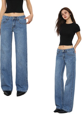 2025秋美式怀旧水洗直筒牛仔裤女窄版显瘦直筒低腰辣妹裤子