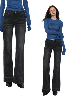 2025秋美式复古低腰水洗微喇牛仔裤女修身显瘦喇叭辣妹牛仔裤