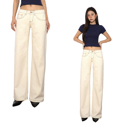 美式复古水洗做旧米色牛仔裤女