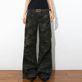 @SOHOT美式 女宽松直筒多口袋阔腿休闲伞兵裤 复古迷彩中低腰工装 裤