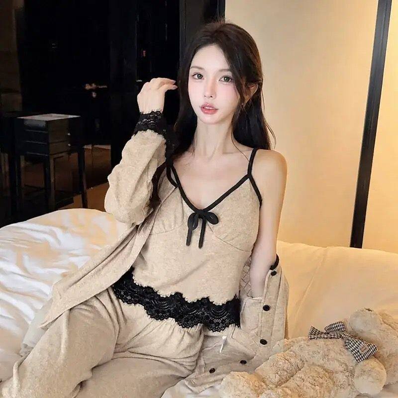 带胸垫羊绒磨毛三件套长袖睡衣女2026年韩系甜美蕾丝性感纯欲套装