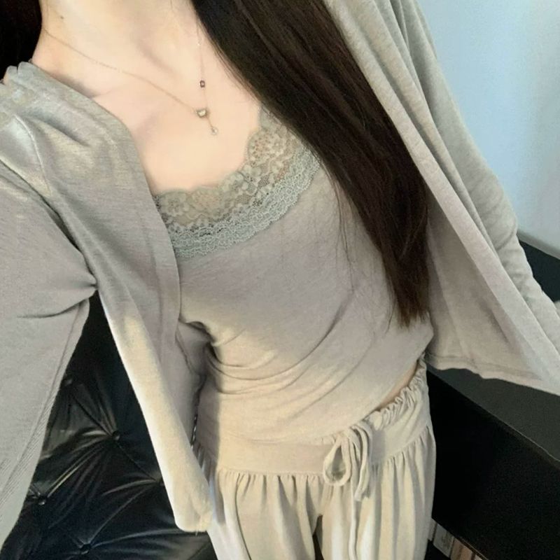好质量人棉莫代尔带胸垫吊带长袖三件套纯欲辣妹蕾丝套装