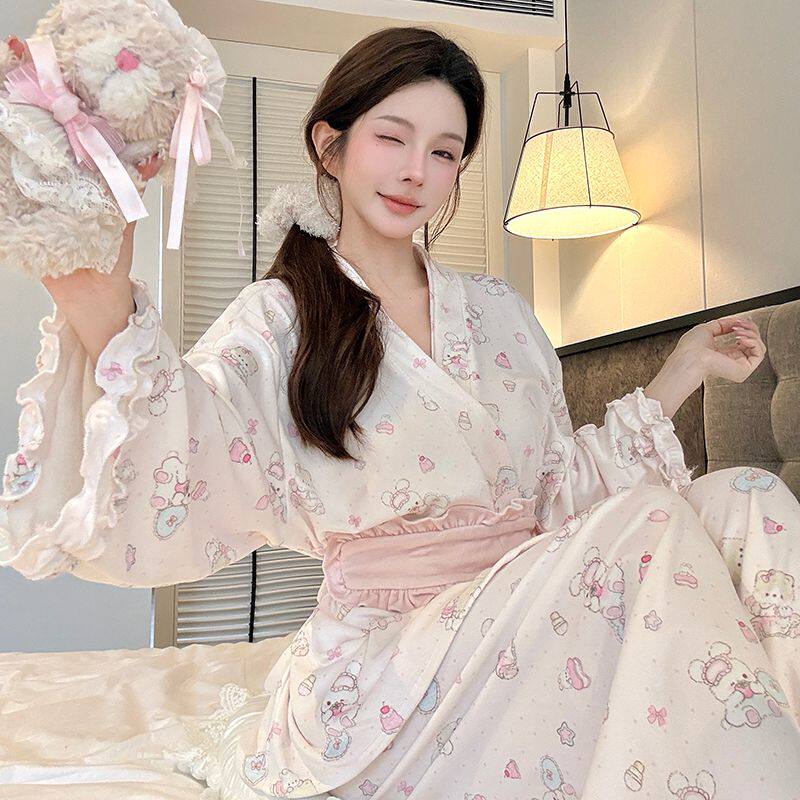 日系卡哇伊冬季加厚海岛绒睡衣女2026秋甜美和服绑带花边保暖套装
