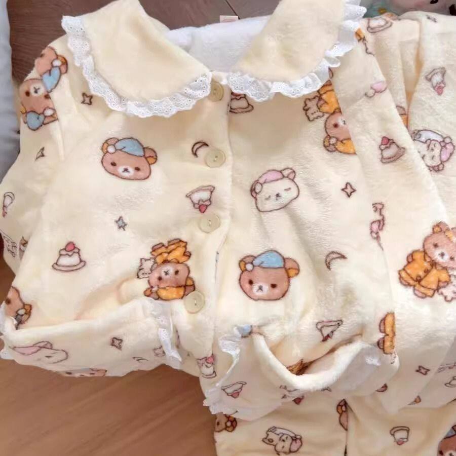 新款娃娃领睡衣女秋冬季加厚法兰珊瑚绒套装学生可爱小熊家居服