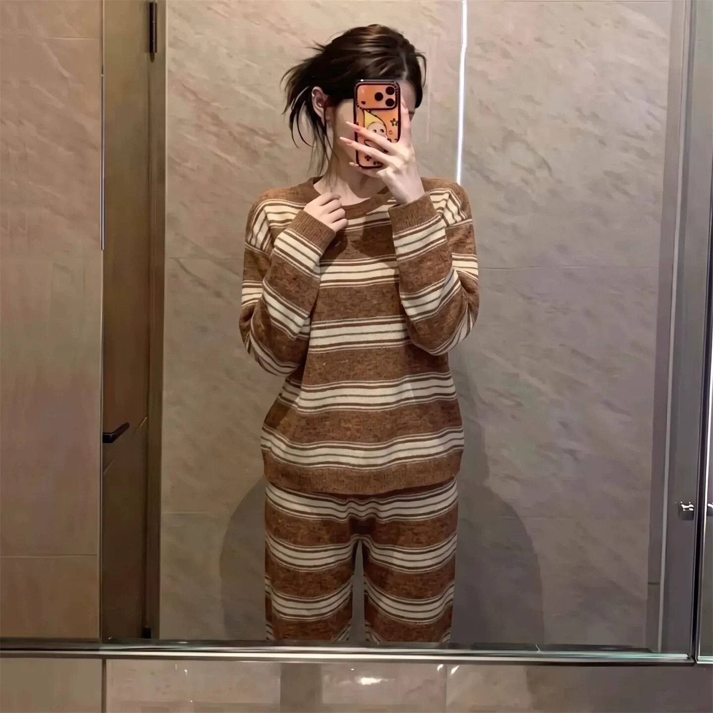 韩系ins风宽松时尚条纹长袖睡衣女2026秋冬螺纹德绒套头保暖套装