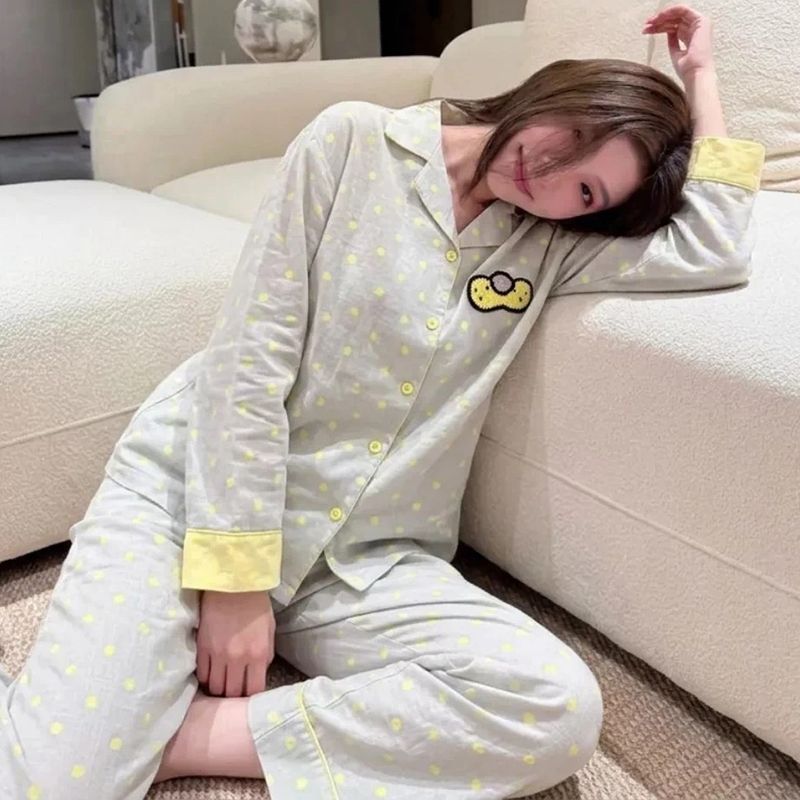 韩系甜美浅灰黄波点开衫云朵棉睡衣女春秋长袖长裤印花套装
