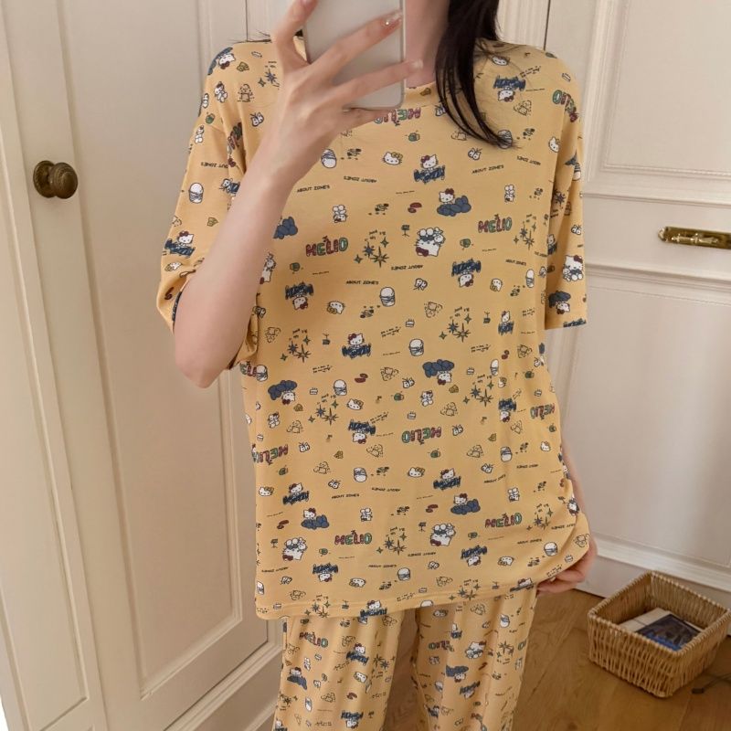 韩版宽松卡通睡衣女春秋人棉舒适圆领短袖长裤套装家居服