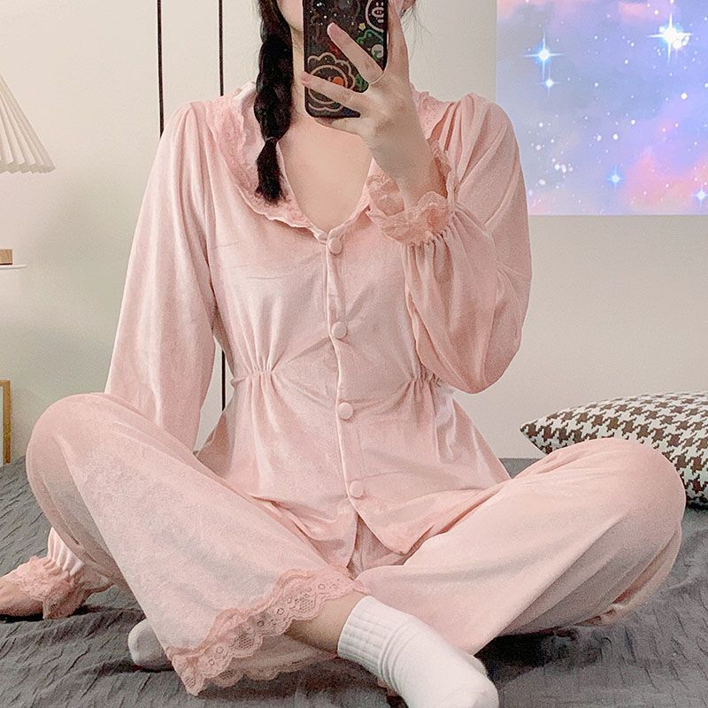 甜美蕾丝宫廷金丝绒睡衣女2026年秋冬长袖风开衫家居服套装