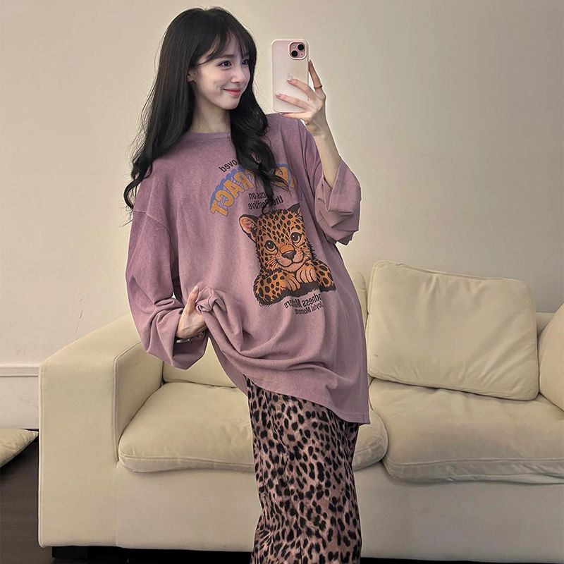 美式复古紫色豹子印花长袖仿棉睡衣女宽松慵懒ins风外穿圆领套装