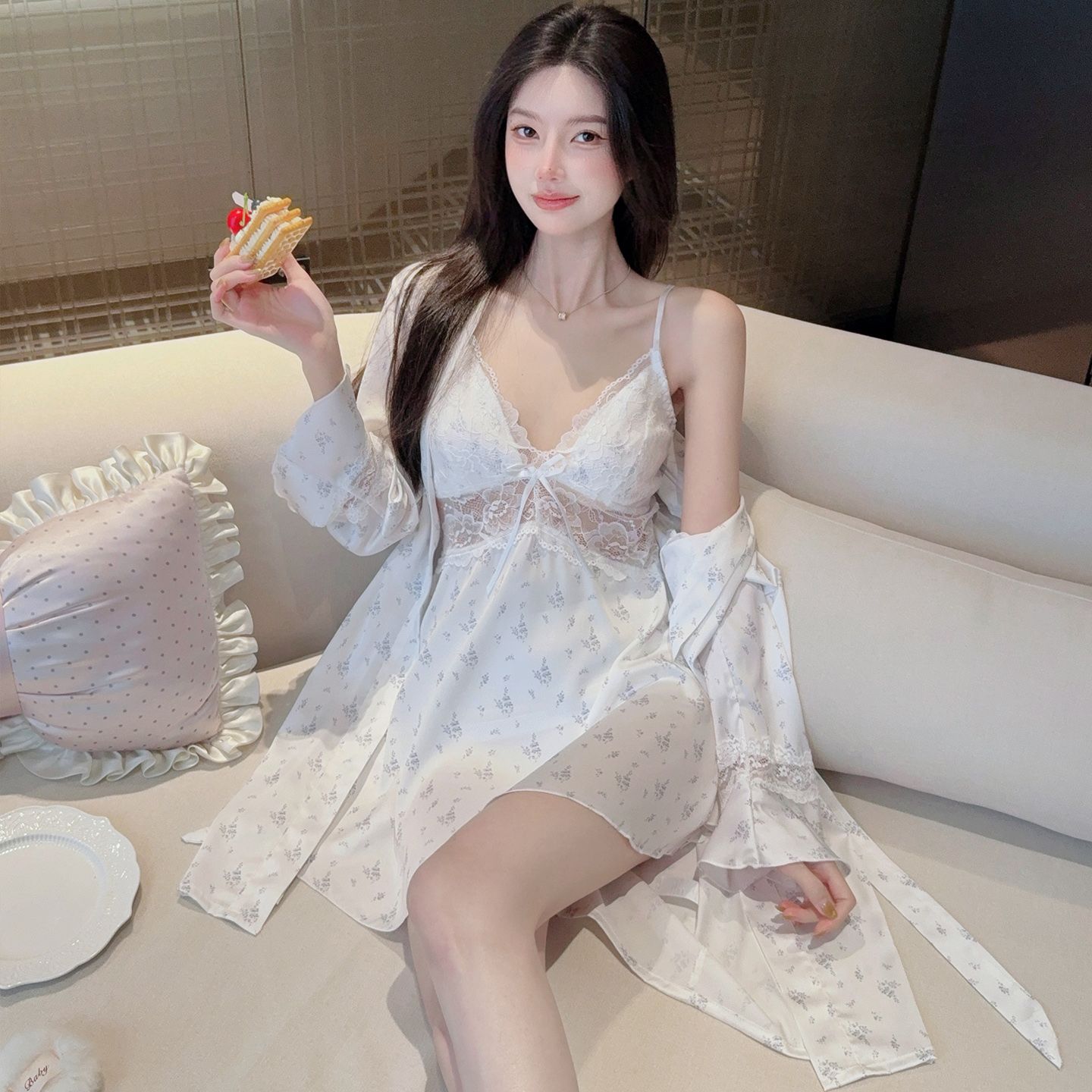 性感纯欲风蕾丝碎花裙袍睡衣吊带长袖两件套冰雪丝睡裙韩系带胸垫