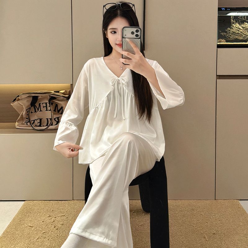 法式浪漫纯欲V领少女冰雪丝睡衣女2026春秋长袖长裤新款套头套装