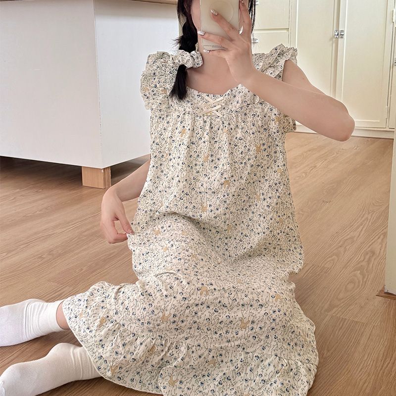 韩系碎花少女小飞袖吊带长裙2026年夏季带胸垫皱布提花棉家居服