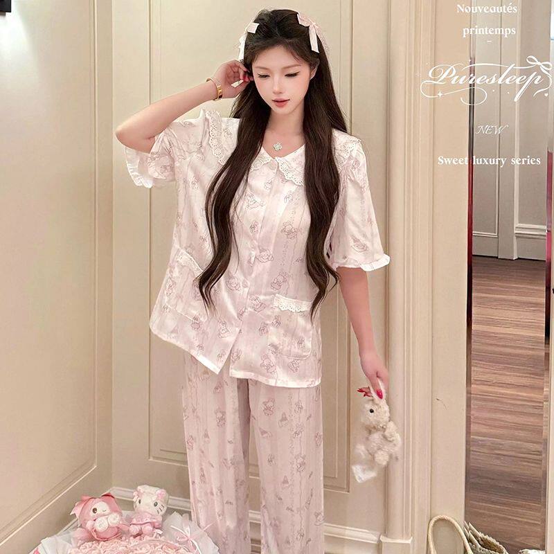 2026年夏季短袖长裤冰雪丝睡衣女蕾丝花边甜美韩系娃娃领开衫套装