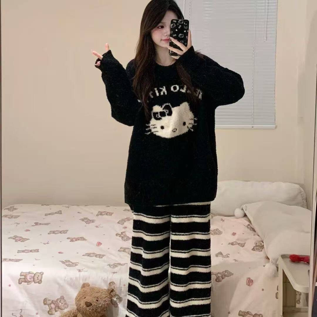 睡衣女秋冬季半边绒可爱卡通KT猫长袖长裤软绵绵家居服套装