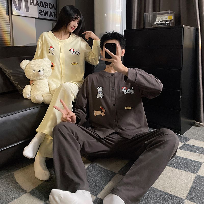 纯棉卡通圆领印花开衫情侣睡衣2026年春季新款家居服长袖长裤套装