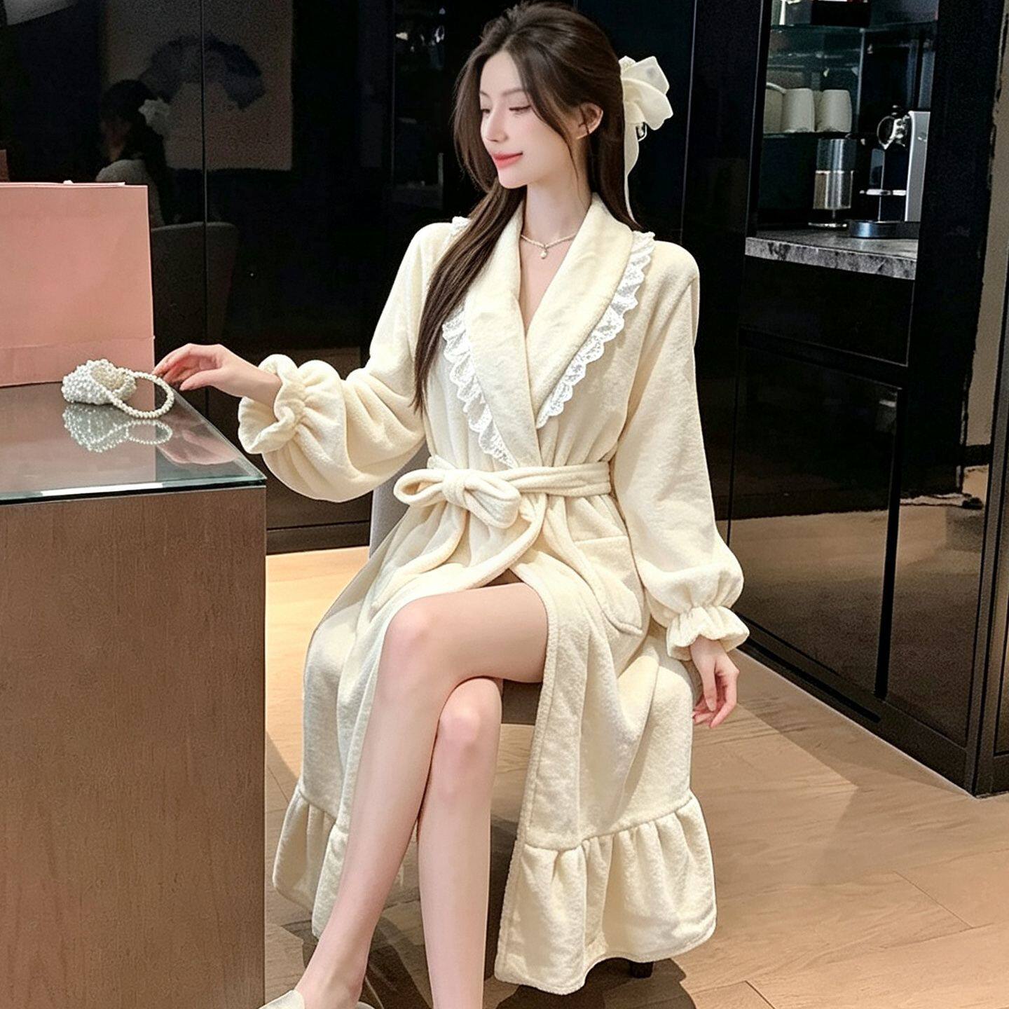 冬季加厚法兰绒睡袍法式优雅精致蕾丝浴袍少女甜美花边保暖睡裙