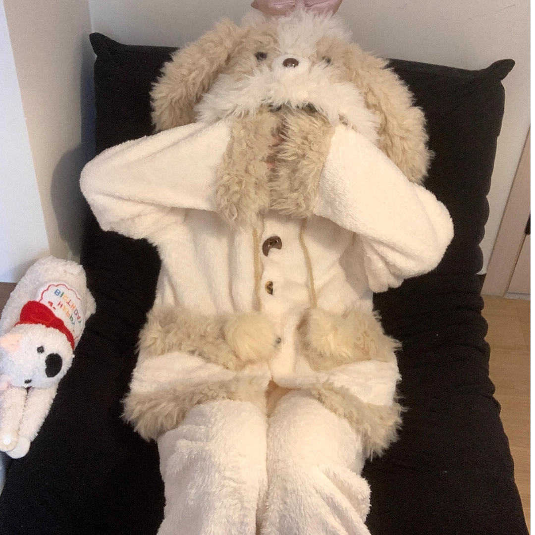 毛绒可爱少女蝴蝶结连帽珊瑚绒睡衣女秋冬季加厚保暖家居服套装冬