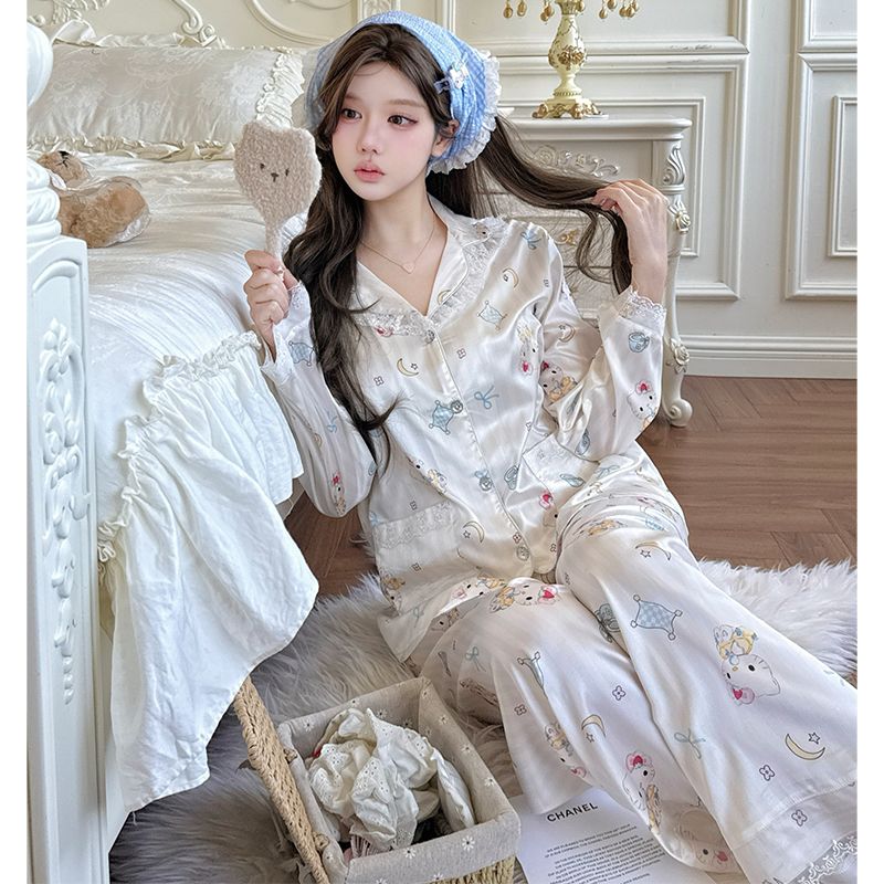 可爱卡通长袖蕾丝花边冰雪丝睡衣2026年春秋宽松开衫少女套装