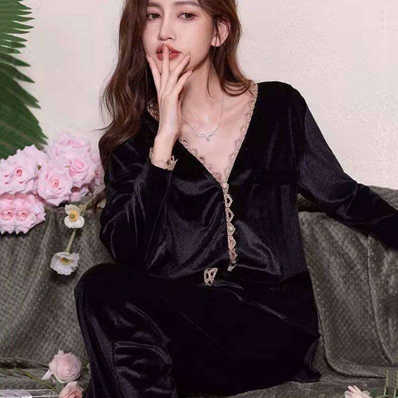 2026年秋冬长袖金丝绒睡衣女精致轻奢蕾丝花边开衫V领套装