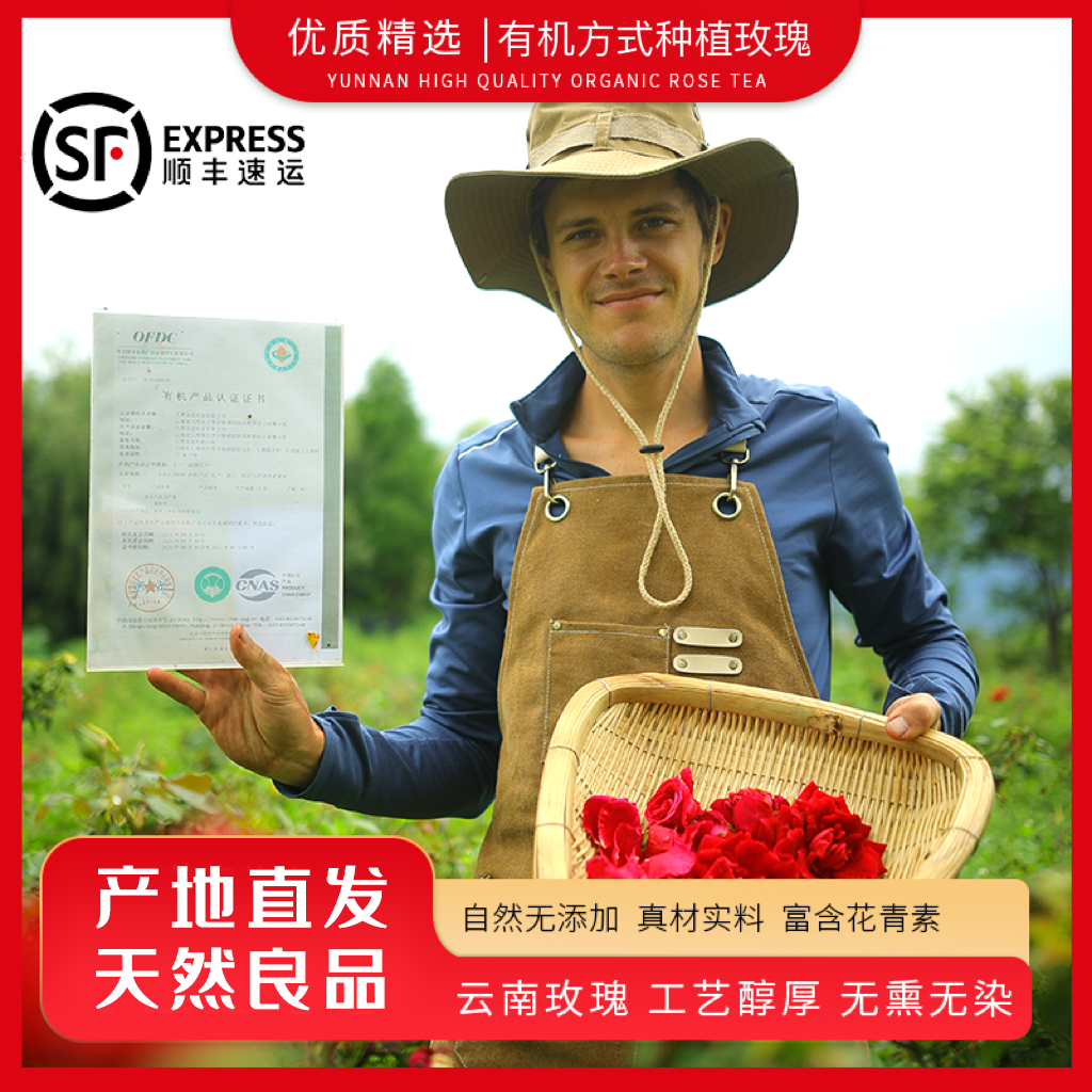 云南大理有机方式种植食用玫瑰滇红自然晾晒农场自制发酵茶无农残
