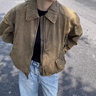 ZETITI 春秋复古做旧水洗底特律拼接豹纹翻领拉链工装休闲外套潮