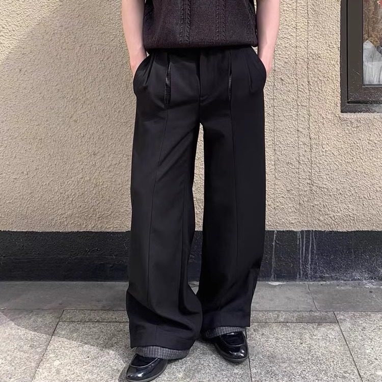 裤脚拼接千鸟格直筒垂感休闲西裤