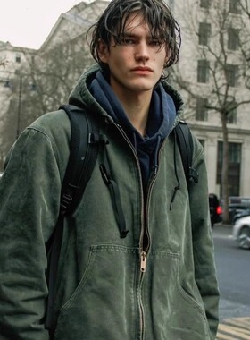 重磅秋冬自主J130水洗做旧连帽夹克vintage美式复古外套男女同款