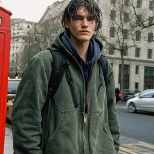 重磅秋冬自主J130水洗做旧连帽夹克vintage美式 复古外套男女同款