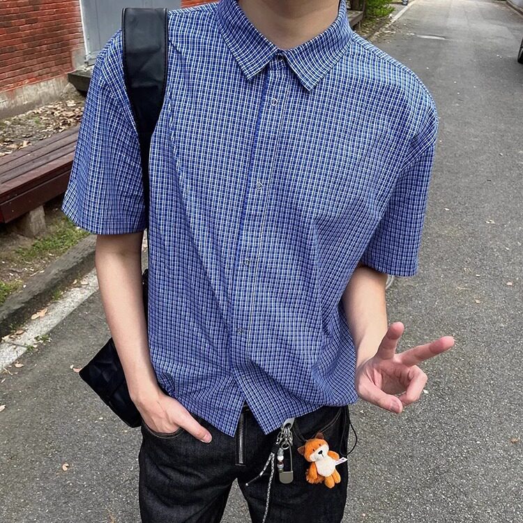 夏季百搭蓝色格纹抽绳短袖衬衫图片