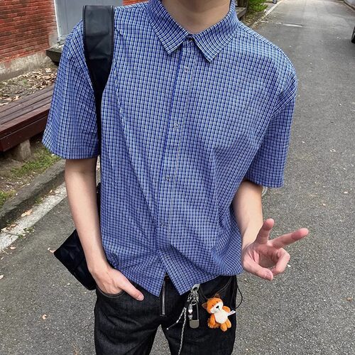 夏季百搭蓝色格纹抽绳短袖衬衫