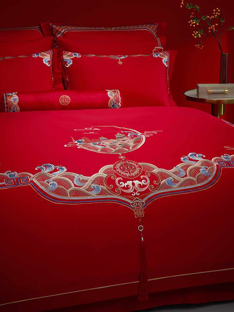 南方寝饰结婚四件套床上用品红色婚嫁新婚喜被婚床婚庆床品六件套