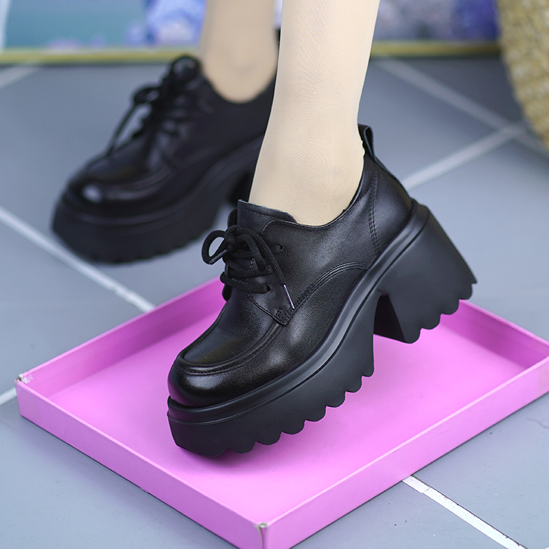增高显瘦乐福鞋女粗跟系带小皮鞋