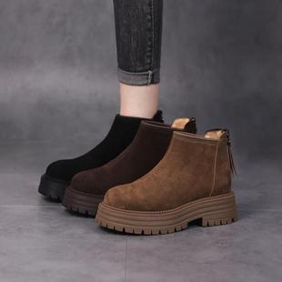 真皮磨砂雪地靴女2025冬季厚底英伦风复古短筒切尔西靴加绒马丁靴