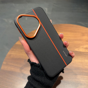 拼接磨砂防滑纹理适用华为pura70pro+手机壳素皮mate70air黑色橙边合金镜头全包保护套pura80防摔硬壳通用型