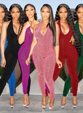 Solid color mesh sleeveless neck overalls 纯色无袖挂脖连体裤