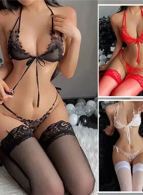 Sexy Neck Strap Hollow Underwear Set性感挂脖绑带镂空内衣套装