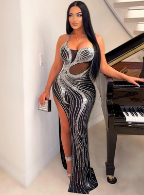 Hot Diamond Sling Wrap Hip Split Dress烫钻吊带包臀开叉连衣裙
