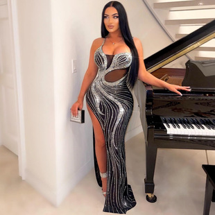 Hot Diamond Sling Wrap Hip Split Dress烫钻吊带包臀开叉连衣裙