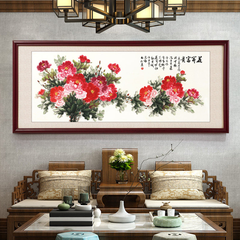 中国风花鸟画聚财风水国画客厅饭厅装饰挂画带框花开富贵牡丹花图