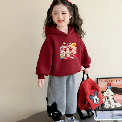 女童红色加绒连帽卫衣新年喜庆